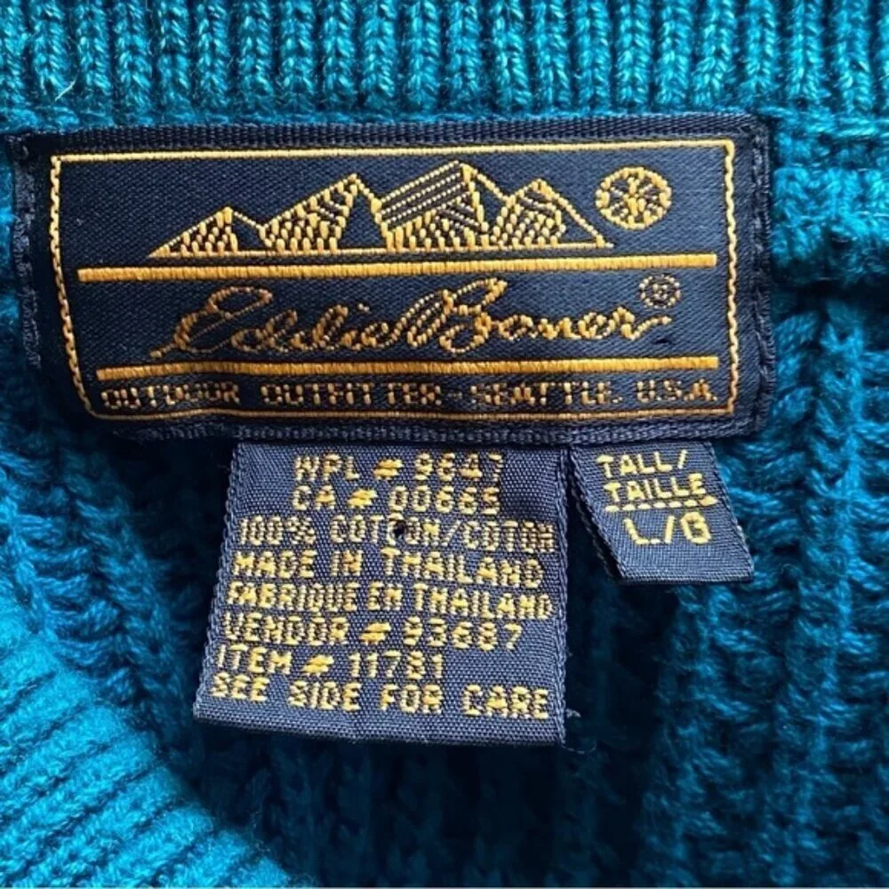 Y2K Eddie Bauer Henley Sweater Men Large TALL Cotton Chunky Knit Preppy Gorpcore - Picture 9 of 13